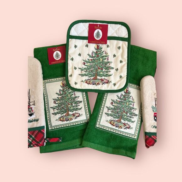 Spode Christmas Tree Oven Mitts Towels Bundle NEW - Picture 2 of 5